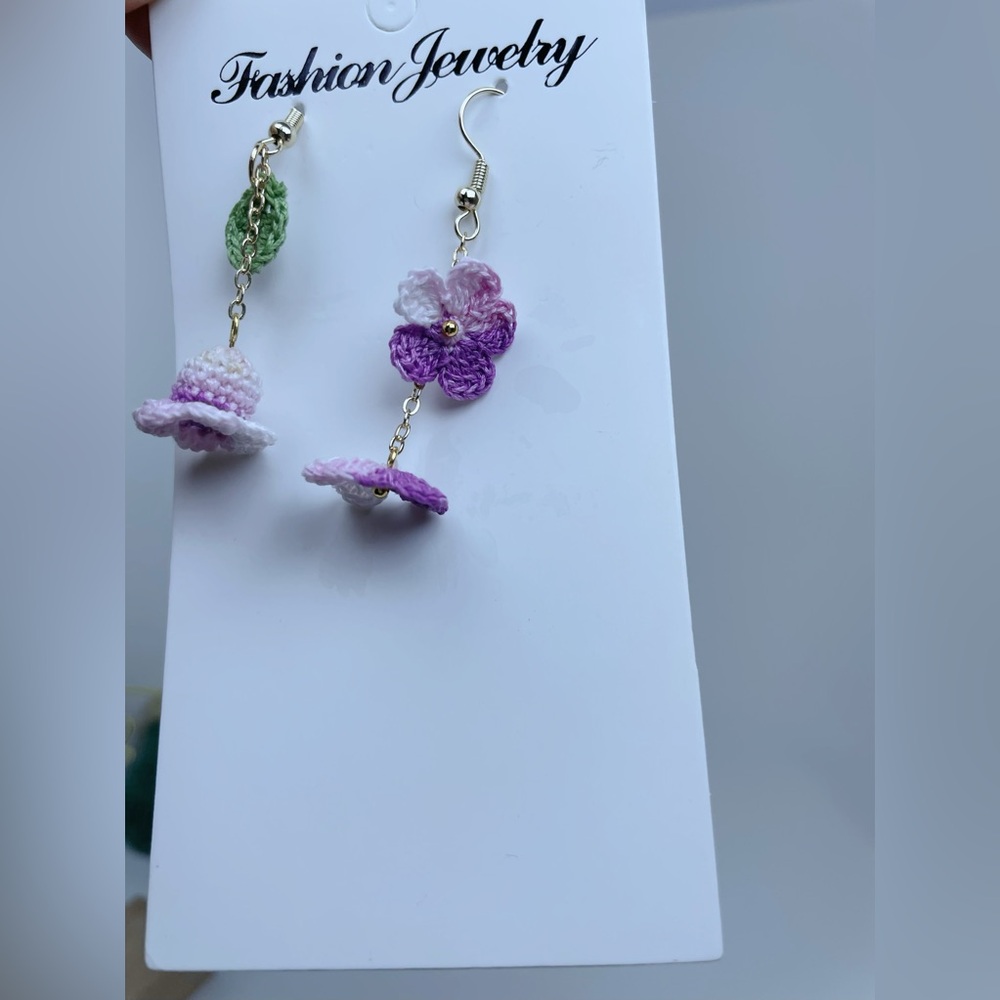 Micro Crocheted Asymmetrical Dangle Earrings - image 5